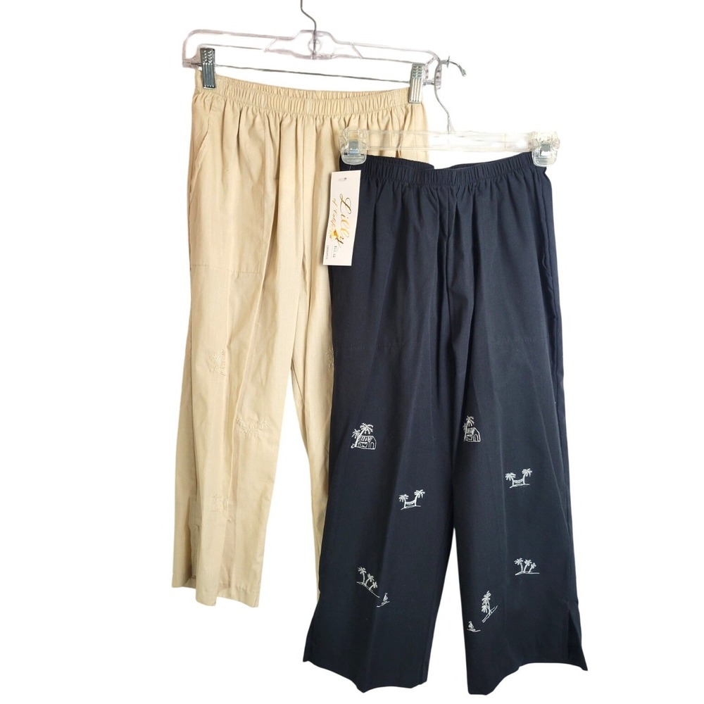 Lilly of California Cropped Pants (2 pair) Coastal Beach Beige Navy Womens Small